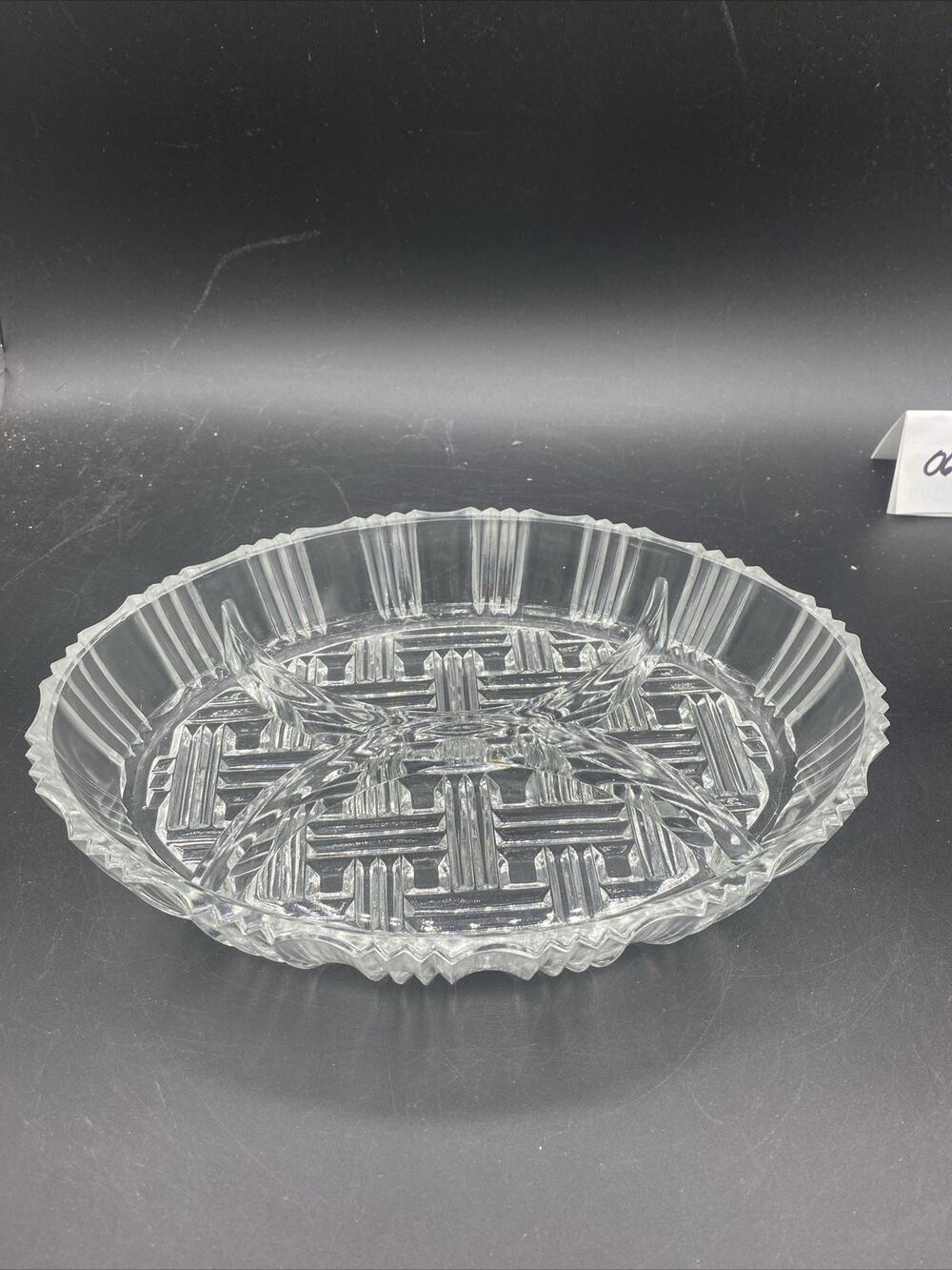 Glass Divided Relish Dish 4-Part Oval Ribbed Vintage 9”X 6 1/2” Heavy Crystal